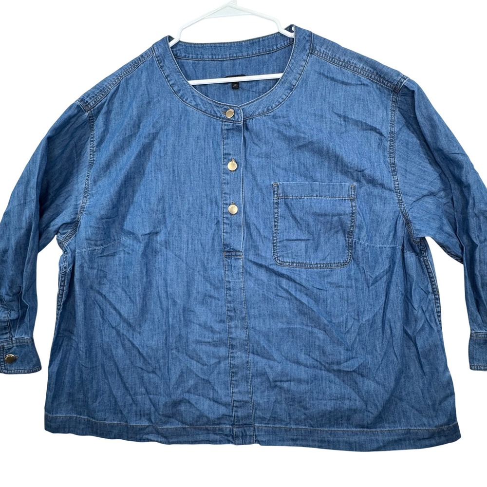 Talbots Denim Shirt Women 3X Blue Chambray Henley Gold Button Coastal Classic